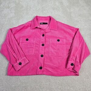 ZARA Pink Corduroy Cropped Jacket Button Down Shacket Pockets Oversized Womens L